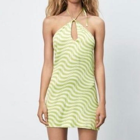 Zara Green and‎ White Swirl Satin Halter Dress Size Large - Picture 2 of 12